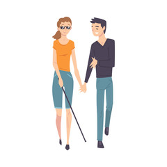 Fototapeta premium Male Friend Supporting Blind Woman, Friendship and Support, Disabled Person Enjoying Full Life Vector Illustration
