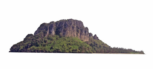 The tree mountain on the island isolated on white background.There are tourist walking at the beach...