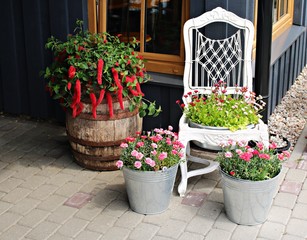 Design of unusual flower beds with beautiful flowers in the areas near the cafe