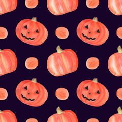 watercolor halloween seamless pattern with pumpkins, circles. Pattern suitable for decoration for party, invitation, greeting card, fabric