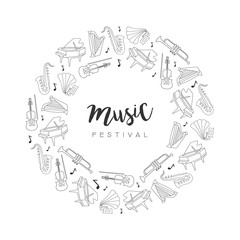 Music Festival Round Frame, Hand Drawn Musical Instruments Border Template, Classical Music Live Concert Vector Illustration