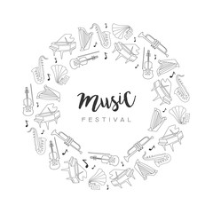 Obraz premium Music Festival Round Frame, Hand Drawn Musical Instruments Border Template, Classical Music Live Concert Vector Illustration