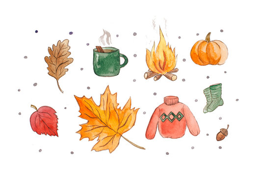 Hand drawn watercolor cozy autumn isolated on white.