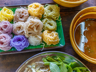 Rice Noodle in small basket with side dish, Asian Meal