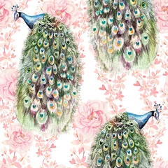 Stickers pour porte Paon Modèle sans couture coloré lumineux avec des fleurs de roses et de pivoine, oiseau de paon.