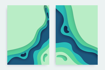 Paper cut banners set with 3D slime abstract background and blue green waves layers. Abstract layout design for brochure and flyer. Paper art vector illustration