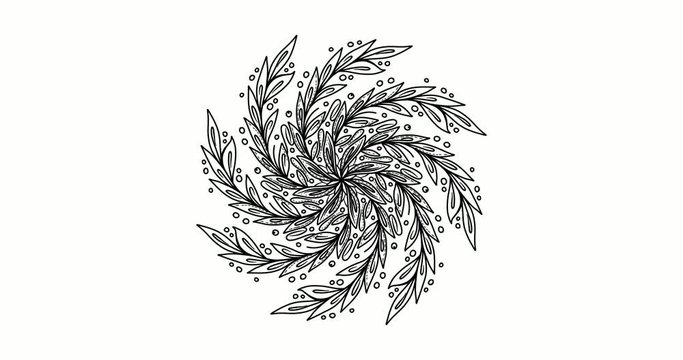 4K Animated circle black and white floral mandala pattern drawing. Artistic hand drawn graphic video clip.