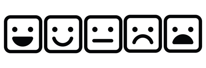 Basic emoticons set. Five facial expression of feedback - from positive to negative. Simple black vector icons