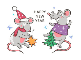 Template image Happy new year party with rat, white background new year 2020. Funny sketch mouse Vector illustration.