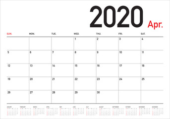 April 2020 desk calendar vector illustration