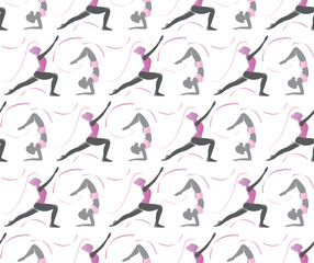 Fototapeta na wymiar Seamless vector pattern of yoga asanas. Beautiful womans practice yoga exercises in different poses. Stretching exercises, gymnastics. Sports vector illustration 