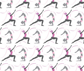 Seamless vector pattern of yoga asanas. Beautiful womans practice yoga exercises in different poses. Stretching exercises, gymnastics. Sports vector illustration 