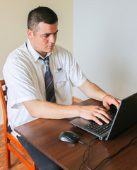 Office worker in white shirt. Occupational burnout. Bad work conditions. Unhappy manager with...