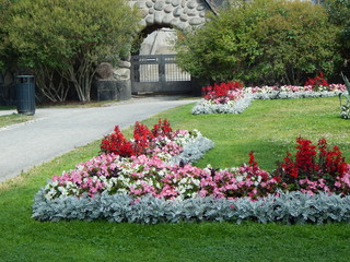 Fragment of a small beautiful garden with colorful flower beds on the background wall of an old building