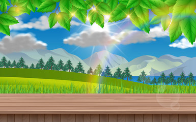 wooden table with mountain and sunlight background