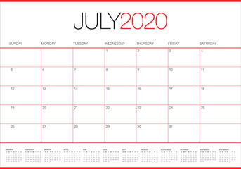 July 2020 desk calendar vector illustration