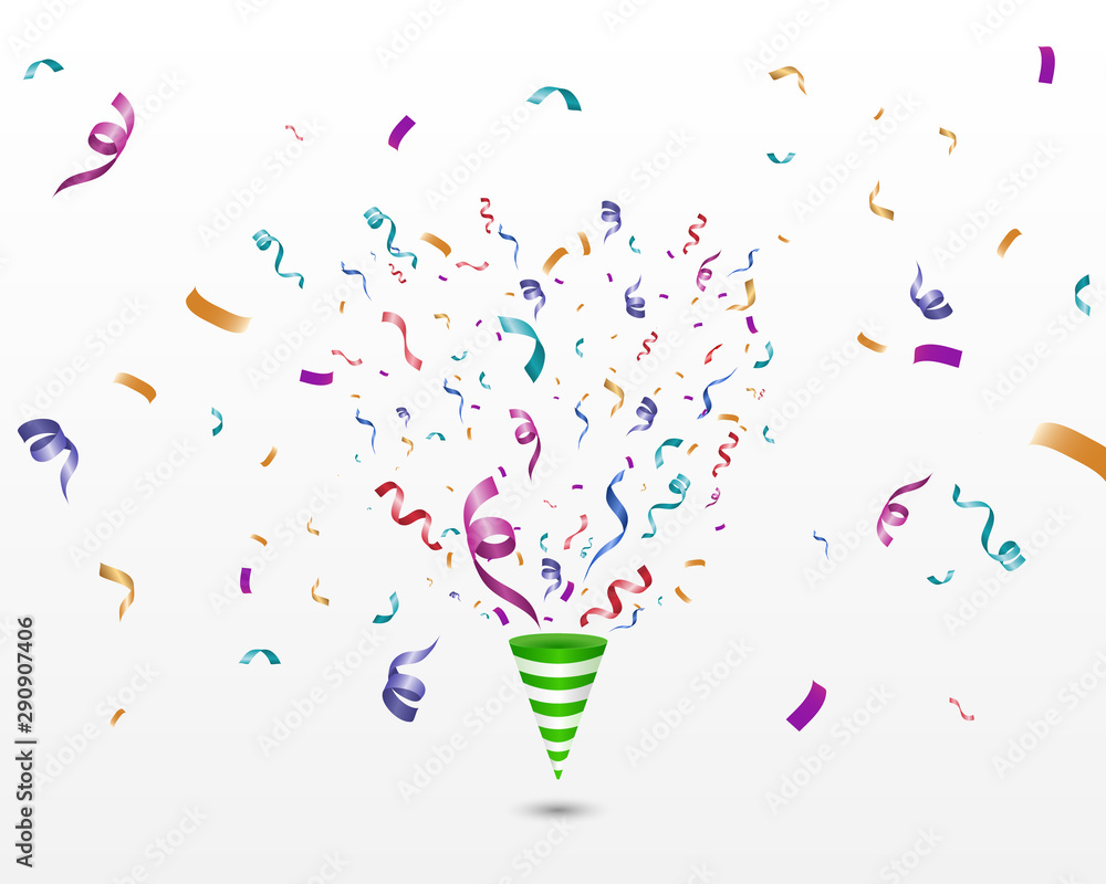 Poster colorful confetti on a white background. festive cheerful vector background. cone with confetti.