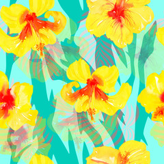 tropical floral pattern on a turquoise background, yellow watercolor hibiscus flowers, palm leaves. Sunny bright summer print for t-shirts, fabrics, textiles, wallpapers.