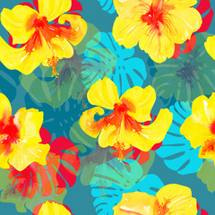 watercolor tropical print. hibiscus flowers and monstera leaves on a blue background. Seamless floral pattern.