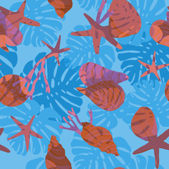  pattern of tropical seashells and leaves on a blue background, marine seamless print.