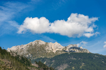 Mountain range of the Latemar (2846 m), Italian Alps, Dolomites, UNESCO world heritage site, photographed from the Predazzo village, Val di Fiemme, Trentino Alto Adige, Italy, south Europe