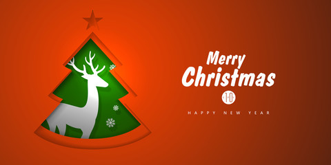 Fototapeta na wymiar Paper-cut Christmas trees and deer, Christmas card, cover design.