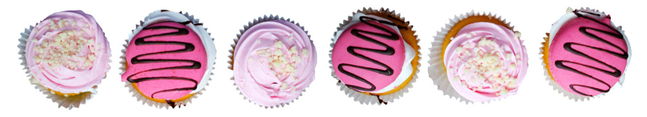 Six pink cupcakes isolated on white background, top view