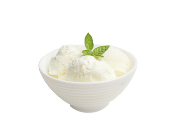 white bowl with white ice cream and green leaf isolated on a white background.