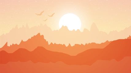 Beautiful mountain chain landscape at sunrise With flying bird Vector