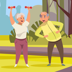 Old couple doing fitness flat vector illustration