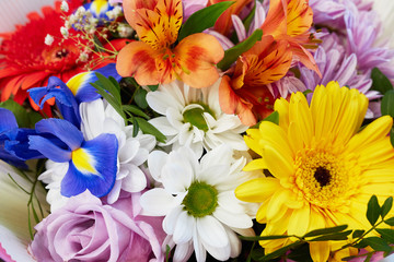 Floral bouquet of colorful bright flowers. floristic arrangement closeup