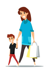 Mom with son on shopping flat vector illustration