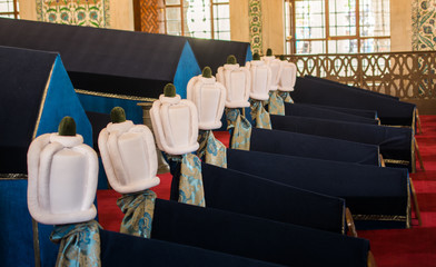 Rows of coffins in ottoman mausoleum tomb