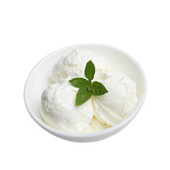 white bowl with white ice cream and green leaf isolated on a white background. Top view