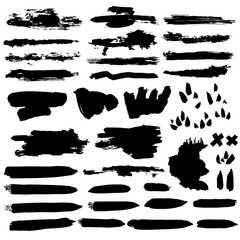 Brush set. Different types of brush strokes. Isolated design elements. Vector illustration. Ink painting.