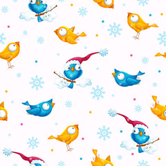 Seamless vector winter pattern with funny big-eyed birds. Festive cartoon background.