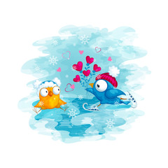 A funny blue bird in a hat rides on skates and gives a bunch of hearts to a cute yellow bird. Vector illustration.
