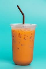 Sales concept, iced tea in clear plastic glasses placed on a blue background.