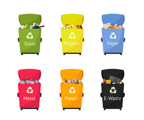 Garbage sorting bins flat vector illustrations set