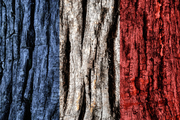France flag painted on old decrepit wooden surface.