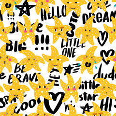 Cute seamless pattern with stars and funny text. Creative vector childish background for fabric, textile, nursery wallpaper. Vector Illustration.