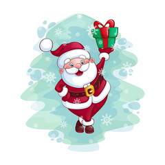Cheerful Santa Claus is holding a gift. Against the backdrop of an imitation of a watercolor Christmas tree and snowflakes. Vector illustration.