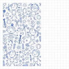 creative kids dancing, sing, playing football, playing guitar, violin, making models from paper. Monochrome pen drawing on squared notebook .