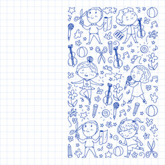 creative kids dancing, sing, playing football, playing guitar, violin, making models from paper. Monochrome pen drawing on squared notebook .