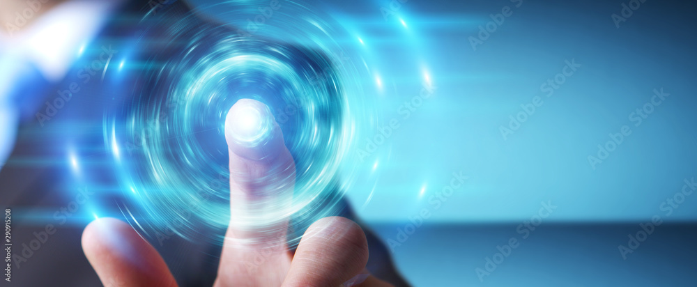 Poster businessman creating new futuristic energy power source 3d rendering