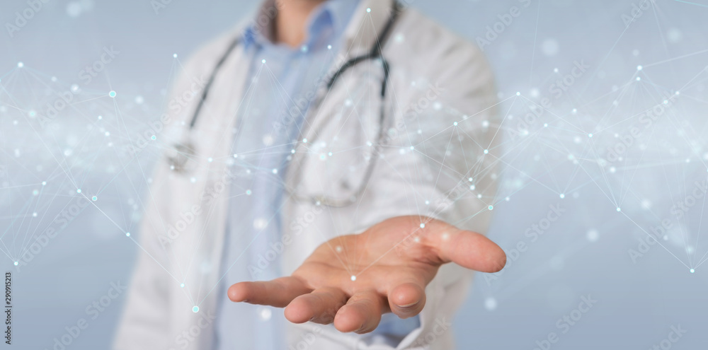 Poster scientist using floating digital network connections with dots and lines 3d rendering