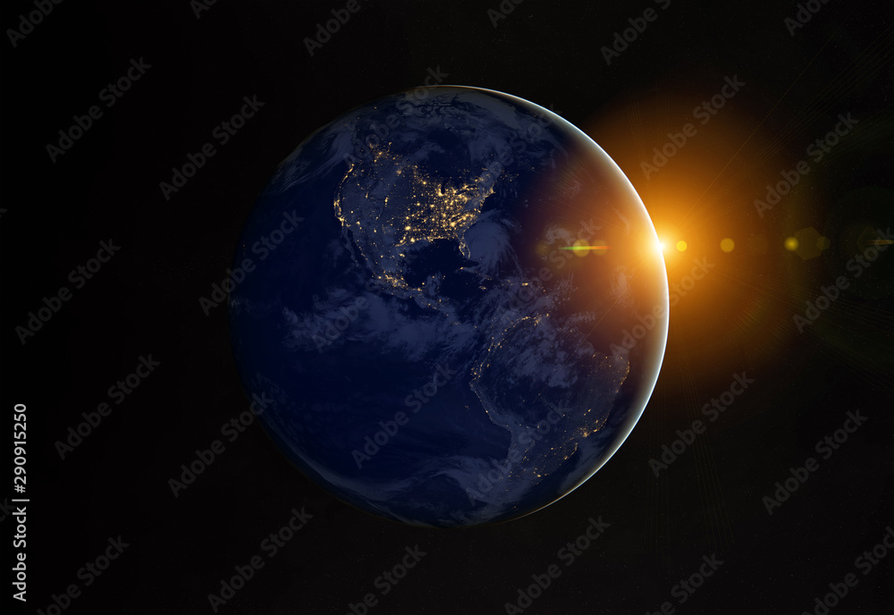 Poster view of planet earth at night with cities lights on america 3d rendering elements of this image furn