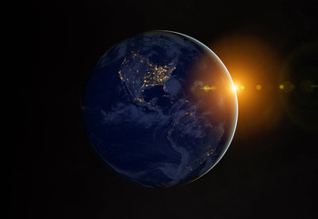 View of planet Earth at night with cities lights on America 3D rendering elements of this image furnished by NASA