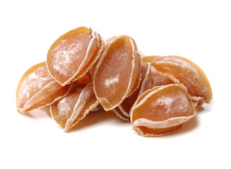 Dried abalone on bamboo tray.