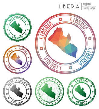 Liberia badge. Colorful polygonal country symbol. Multicolored geometric Liberia logos set. Vector illustration.